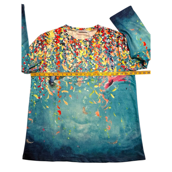 Misslook Hippie Party Tee Shirt Tunic Blouse Womens XL Blue Hummingbird Confetti - Picture 11 of 16